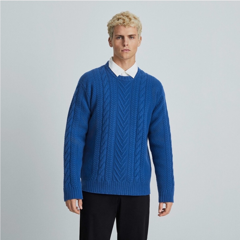 LAST CHANCE! Everlane Felted Merino Cable Knit Crew Sweater Azure Blue Sz Medium
